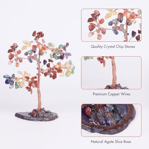 Pretty Jolly 7 Chakra Healing Stones Rainbow Crystals Tree of Life Positive Energy Gemstone Money Tree Spiritual Meditation Reiki Gifts with Agate Slice Base for Home,Office,Desk Feng Shui Décor