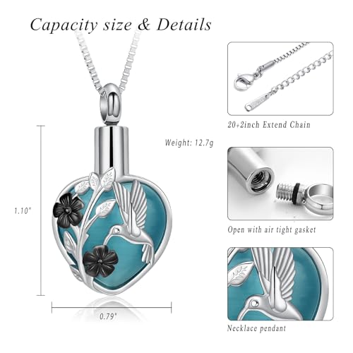 XSMZB Cremation Ashes Jewelry Hhummingbird Flower Urn Necklace for Ashes Human Pet Funeral Memorial Pendant Heart Moonstone Keepsake Silver-Black