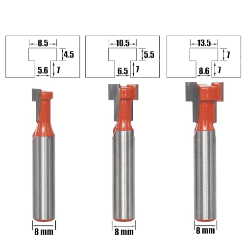 5-Piece T-slot cutter 8 mm shank, T-track slotted wood cutter, T-slot cutter set, cutter for router, woodworking