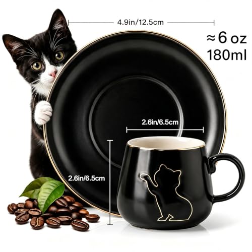 6 oz Ceramic Espresso Cups Set of 2 with Saucers Black Cat Coffee Cup Set with Gold Rim and Gift Box for Espresso Cappuccino and Coffee