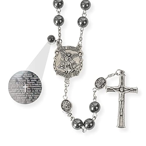 Nazareth Store Hematite Rosary Black Stone Beads Necklace Projection Our Father Prayer Medal with St. Michael Centerpiece and Crucifix 21"