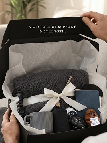 Thoughtful Comfort Care Package for Men & Women - Grey & Navy Gift Box with Knitted Blanket, Ceramic Mug & Positive Potato - Versatile Thinking of You or Birthday Gift