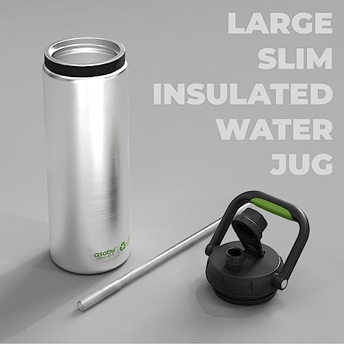 Asobu Recycled Canyon Insulated Water Jug 48oz Tall & Slim Design Full Handle with Silicone Comfort Grip Easy Clean - Stainless Steel Vacuum Insulated - Wide Mouth - Cold Water and Ice Compatible Silver