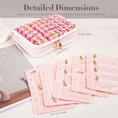 Abiudeng Tweed Travel Jewelry Organizer Case with 12 Compartments,Large Travel Jewelry Storage Bag for Necklace, Earrings, Rings, Bracelet, Soft Pink Velvet Lined Scratch Protection Case for Women Rose