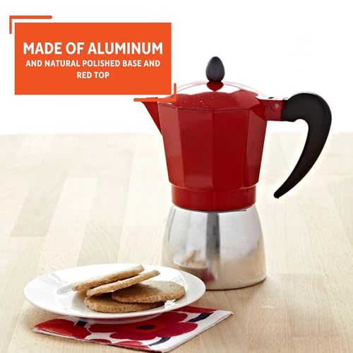 Imusa USA Red Aluminum Stovetop 6-cup Classic Italian and Cuban Espresso Maker (B120-43T), Silver/Red 6 Cup
