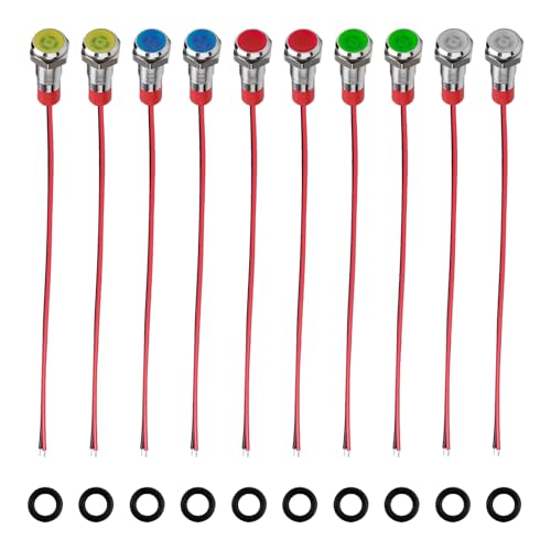 Pack of 10 6 mm Indicator Light, 12-24 V Signal Light, Car Signal Lamp, Waterproof Indicator Lights, Copper Coated Wired for Warning Indicator and Signal (Red, Green, Yellow, Blue, White)