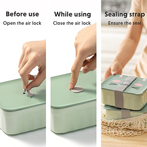 BUYDEEM ceramic bento box with lid, 28 oz capacity, cozy greenish color, perfect for storing and transporting meals.