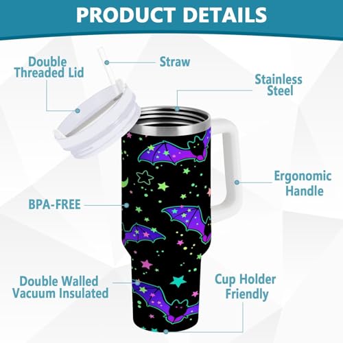 YETTASBIN Halloween Bat 40 oz Tumbler with Handle, Stainless Steel Vacuum Insulated Sports Water Bottle, Leak-proof Travel Coffee Mug Cup with Lid and Straw for Water, Iced Tea or Coffee 40 Ounces