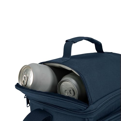 Carhartt insulated lunch box in navy with two compartments, durable fully-insulated design for 12 cans, suitable for lunch storage.