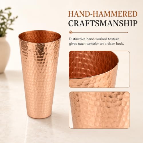 Pure Copper Tumbler Cup 22 oz – Large Hand Hammered Copper Cup for Drinking Water, Iced Tea, Juice and Cocktails – Unlined Solid Copper Glass with Thin Straight Rim, Pack of 1