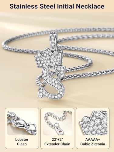 PROSTEEL Initial Necklace for Men Women, Alphabets A-Z Letter Crown Pendant Silver V