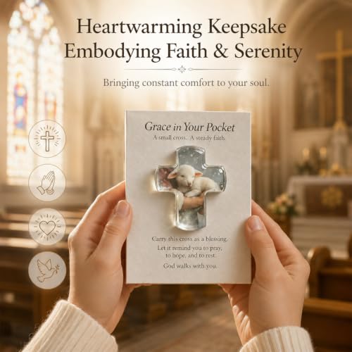Lamb Acrylic Pocket Hug Cross with Prayer Cards, Christian Gifts for Women