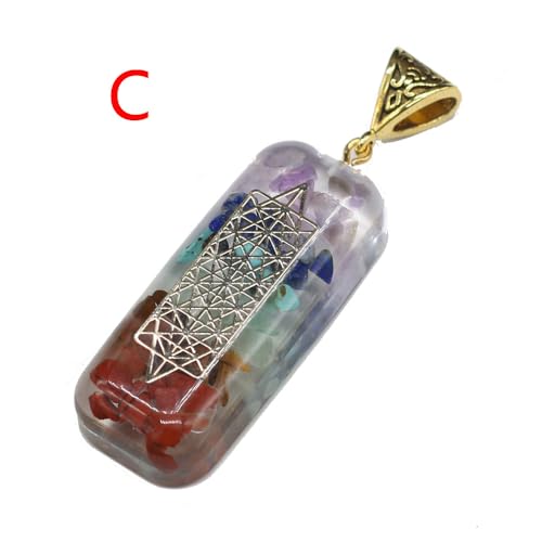 LE SKY 6 Pcs Natural Orgone Stone Pendants Rectangle Shape Various Seven Chakra Tumbled Chip Stone Reiki Symbol Resin Pendant for Meditation Yoga Balance Energy