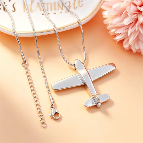 Airplane Ashes Necklace Aircraft Cremation Urn Necklace for Ashes Pendant Stainless Steel Keepsake Memorial Jewelry for Women Men Silver