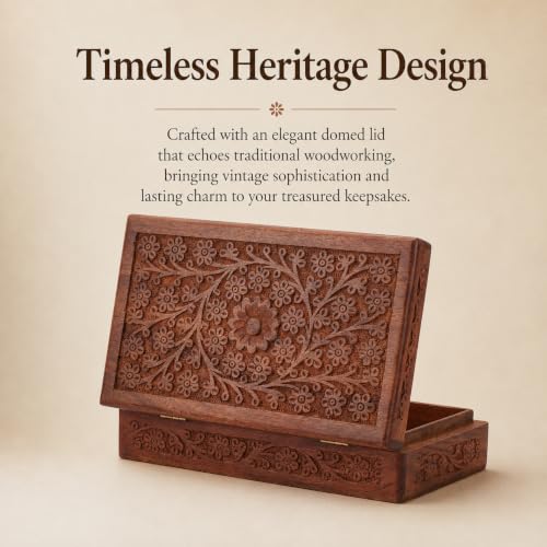 Ajuny Wooden Handcarved Decorative Jewelry Storage Box Flower Design Multipurpose Treasure Chest Keepsake Organizer Necklaces Watch Boxes Great for Gifts 10x6 Inch 10 x 6 Inch