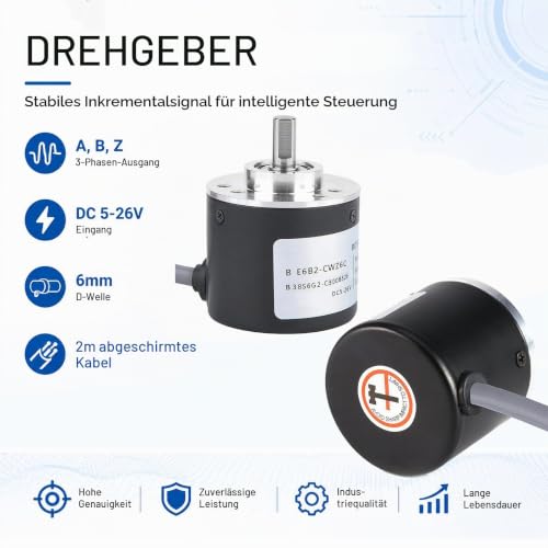 1000P/R Rotary Encoder, 300P/R to 2500P/R Incremental Encoder Module, DC 5-26 V, Universal Rotary Encoder, A, B, Z 3-Phase Output, with 2 m Cable 6 mm D-Wave, for Intelligent Control Path Measurement (1000P/R) 1000P/R
