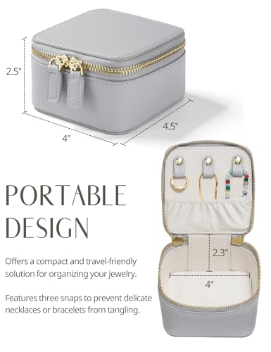 Popvibe Small Jewelry Travel Case for Women Mini Jewelry Box Organzier Traveling with 6 Jewelry Pouch Small Jewelry Bags, Leather Travel Size Jewelry Organizer Bag for Earrings Necklace, Blue Gray 1 box & 6 bags