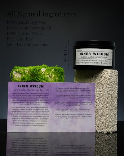 Inner Wisdom Candle – Lapis Lazuli Intuition Ritual | Third Eye Chakra | Clarity | Self-Trust | Spiritual Gift | Vegan Soy Crystal Candle (8 oz). Inner Wisdom