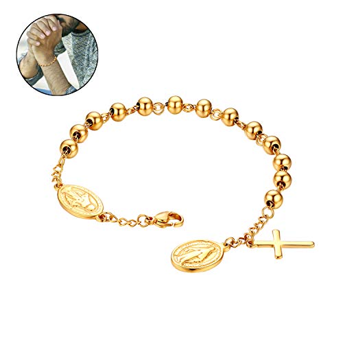 Flongo Cross Rosary Beads Bracelet, Vintage Stainless Steel Jesus Christ Crucifix Cross Bracelet for Men Women Christmas Wedding Gold