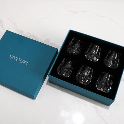 SIYOUKI Crystal Shot Glasses 0.5oz Set,Decorated With 24K Gold Leaf Flakes,Lead-Free,Handmade Set Suitable For MaoTai,Spirits,Drinks Tastin,Gift-Box Packaging (Diamond-6PCS) Diamond-6PCS