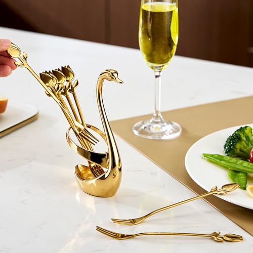 Gold Dessert Fork Set of 12 with Swan Base Holder, 6 Inch Gold Swan set