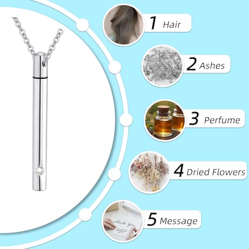 Urn Necklace for Ashes Stainless Steel Cylinder Cremation Jewelry for Women with Mini Keepsake Urn Memorial Ash Jewelry Silver