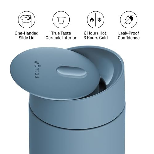 Fellow Carter Slide 16 oz Ceramic Lined Travel Coffee Mug, Hazy Blue 16 Ounces