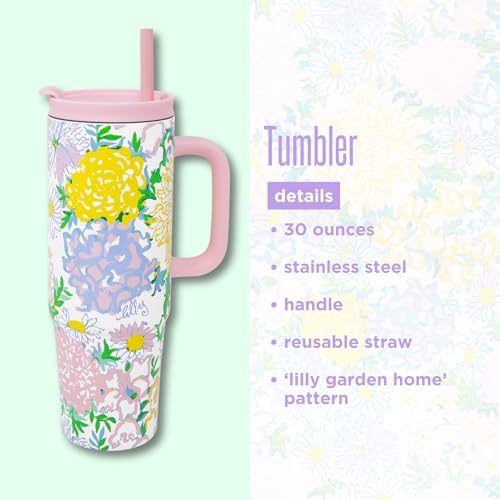 Lilly Pulitzer 30 Oz Insulated Tumbler with Lid, Large Stainless Steel Travel Cup with Silicone Straw, Double Wall Metal Tumbler (Lilly Garden Home)