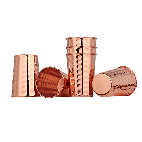 HealthGoodsIn Pure Copper Cups Set of 6 - Pure Copper Drinking Cups & Hammered Copper Tumbler for water 11.8 oz (350 mL), Ayurvedic Copper Cups for Daily Use
