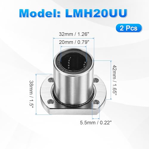 PATIKIL LMH20UU Linear Ball Bearings 20mm Bore Dia 32mm OD 38mm Long 5.5mm Hole, 2Pcs Round Flange Linear Motion Bushing Double Side Rubber Sealed Rod Liner Shaft for Machine 3D Printer 2