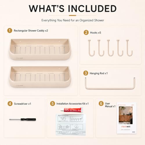 Shower Caddy Adhesive, No Drilling Aluminum Bath Organizer Shelf Milky White Rectangular