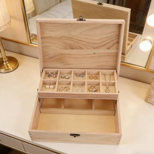 Unfinished Jewelry Box DIY Wooden Trinket Wood Storage Box Keepsake Jewelry with Locking Clasps for Rings Earrings Necklaces