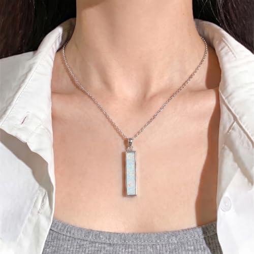 BEILIN Urn Necklaces for Ashes Sterling Silver Vertical Bar Pendant Necklace Cube Memorial Ashes Necklace Opal Cremation Urn Pendant for Women Opal vertical bar