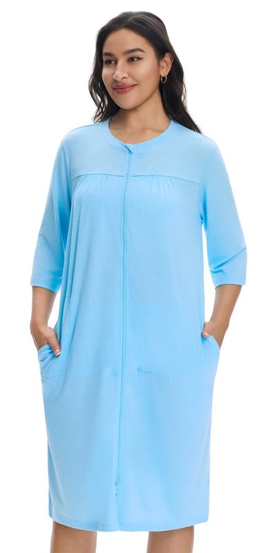 [Australia - AusPower] - Women’s Post Surgery Robe & Hospital Gown with Zipper, Drain & Side Pockets, Mastectomy Recovery Pajamas & Gift Sky Blue Medium 