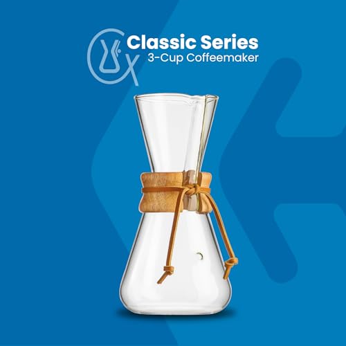 Chemex Classic Series 3-cup pour-over glass coffeemaker with wooden collar and leather tie, designed for brewing coffee directly in the glass carafe.