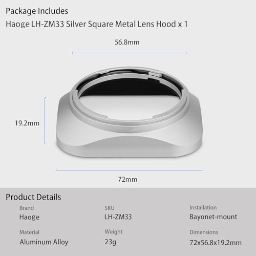 Haoge LH-ZM33 Bayonet Metal Square Lens Hood Shade Compatible with Carl Zeiss Distagon T 1.4/35 35mm f1.4 f/1.4 ZM Lens Sliver [Square - Silver]
