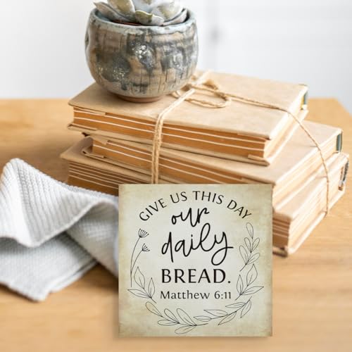 Inspirational Bible Verse Give Us This Day Our Daily Bread Wooden Box Sign Scripture Desk Decor Rustic Scripture Wood Block Plaque Box Sign for Home Office Shelf Table Decoration Matthew 6:11