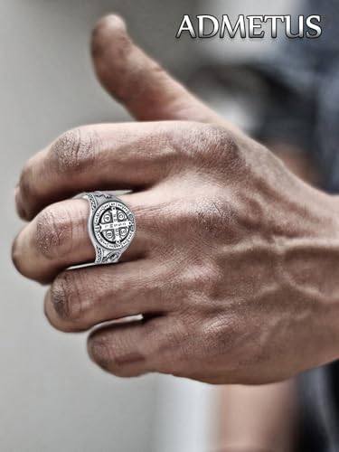 ADMETUS St Benedict Ring for Men 925 Sterling Silver Saint Benedict Ring Exorcism San Benito Medalla Rings for Men Protection Jewellery Religious Gifts Rings Size P1/2
