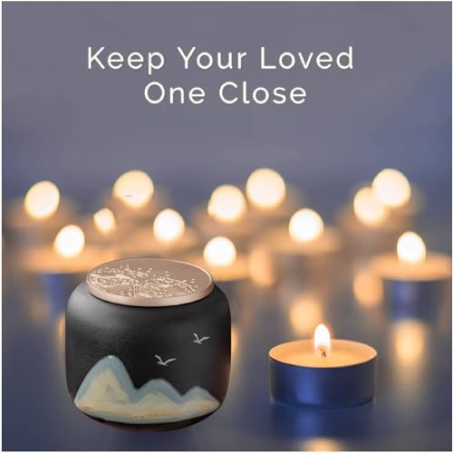Black Ceramic Keepsake Urn for Human or Pet Ashes - Elegant Remembrance Vessel with Tranquil Mountain Motif, Reverently Honoring Your Beloved（Mountain Black） Mountain Black