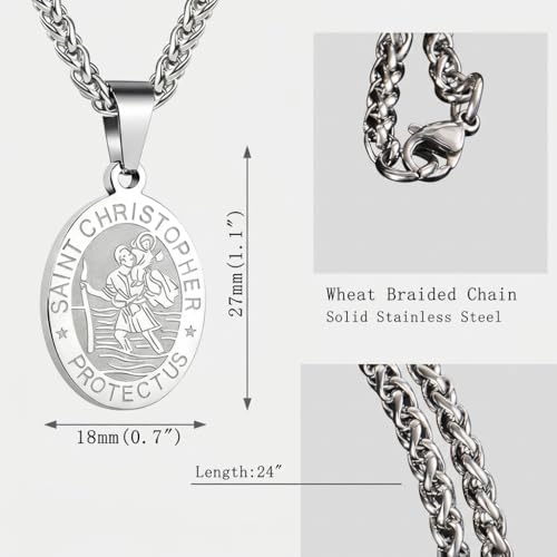 Stainless Steel Oval Virgin Mary Saint Benedict Michael Christopher Benedict Jude Raphael Joseph Pendant Necklace for Men & Women - Catholic Miraculous Medal Sliver Saint Christopher