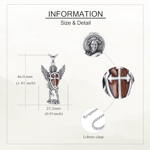 YAFEINI ST Michael Necklace 925 Sterling Silver Wood Saint Michael Pendant Patron Saint Amulet Protection Pendant Necklace Christian Jewellery Gifts for Women Men