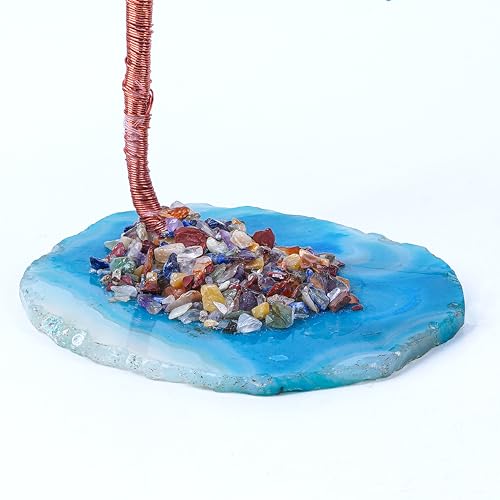 Natural Aquamarine Crystal Money Tree on Agate Slice Base – Feng Shui Gemstone Bonsai Tree for Healing Energy, Prosperity, Luck, Wealth, and Home Office Decor