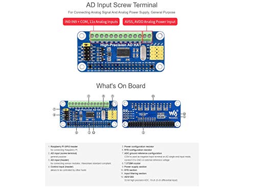 High-Precision AD HAT Compatible with Raspberry Pi 4B/3B+/3B/2B/Zero/W/Zero WH, Jetson Nano Expansion Board with ADS1263 10-CH 32-bit High Precision ADC 24-bit Auxiliary ADC High-Precision AD HAT for Raspberry Pi