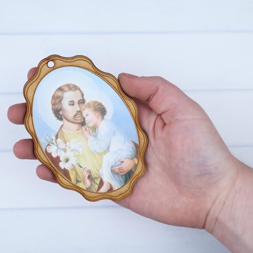 Needzo Saint Joseph Wooden Icon with Predrilled Hole, Catholic Home Decor and Religious Gift Addition, 5 by 7 Centimeters