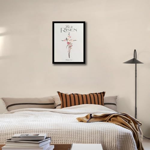 Christian Wall Art He Is Risen, Floral Cross Bible Verse Canvas Print 12"L x 16"W