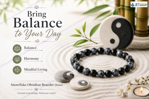 Jet International New Round Beads Stretch Bracelet Natural Genuine Gift Snoflake Obsidian