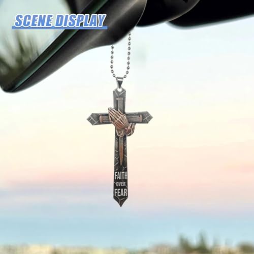 Praying Hands Cross Car Pendant - Faith Over Fear Inspirational Decoration Car Rear View Mirror Charm - 2D Flat Acrylic Religious Cross Vehicle Mirror Hanging Ornament for Women Men (Gold) Gold