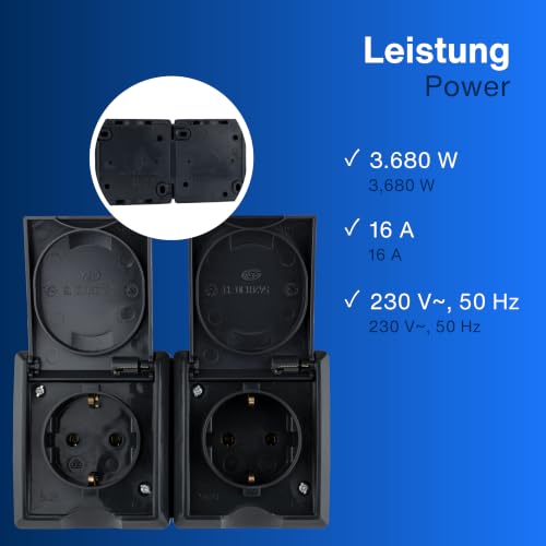 REV AquaForm Double Socket Wet Room Socket IP44 Surface-Mounted Anthracite 1 x horizontal double socket