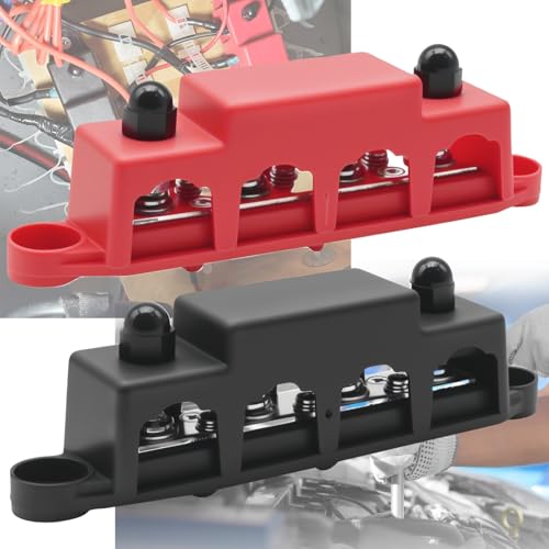 Hoypeyfiy Pack of 2 Bus Distribution Block, 12V-48V DC BusBar Distribution Block 250A BusBar Box with 4 x M8 Terminal Bolts, Suitable for Cars Motorhomes (Red, Black)