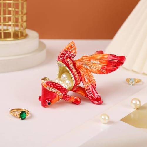 Lucky Goldfish Shape Trinket Box Hinge Hand-Painted Small Jewelry Ring Holder Boxes Enamel Animals Craft Christmas Gift for Women
